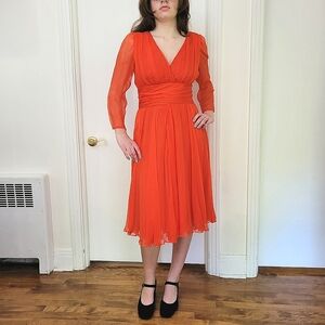 GUY LAROCHE Boutique Collection 100% Silk Georgette Coral Red Chiffon Dress 10